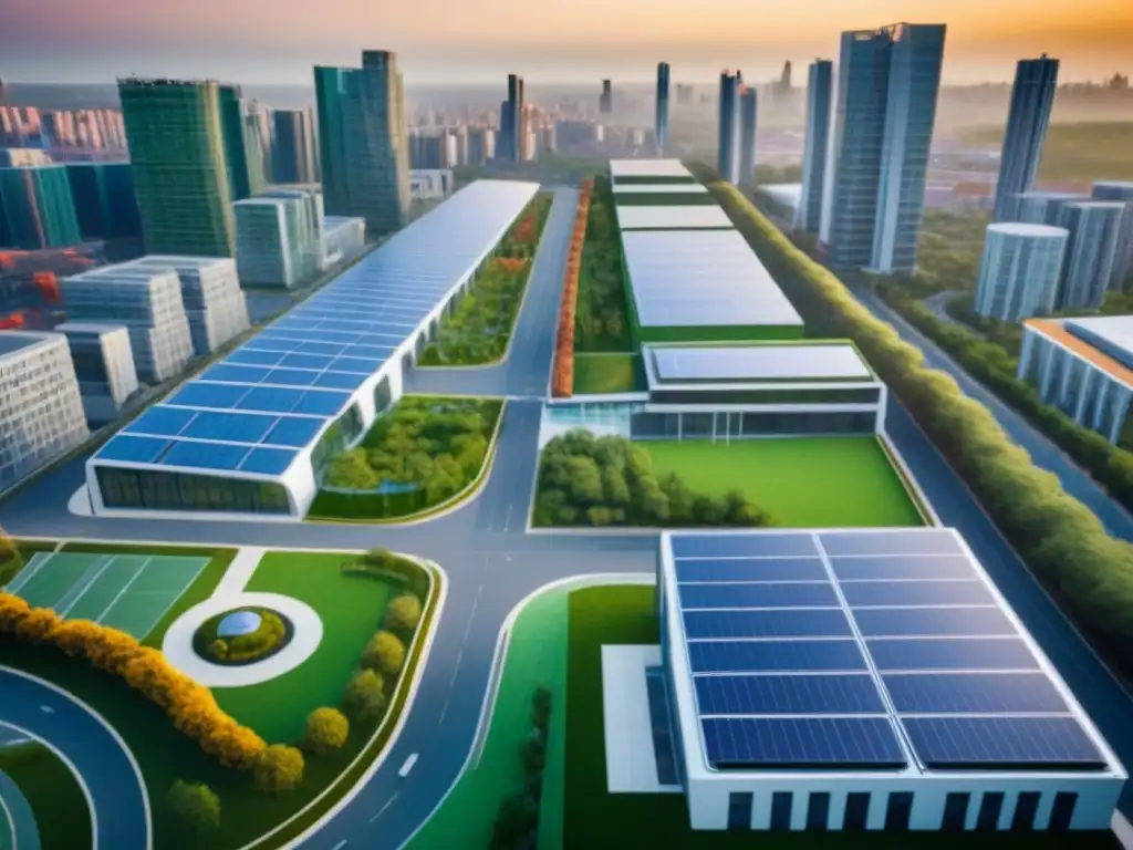 Metrópolis sostenible: arquitectura ecoamigable y vida urbana verde Vibrante ciudad sostenible con edificios modernos, techos verdes y paneles solares