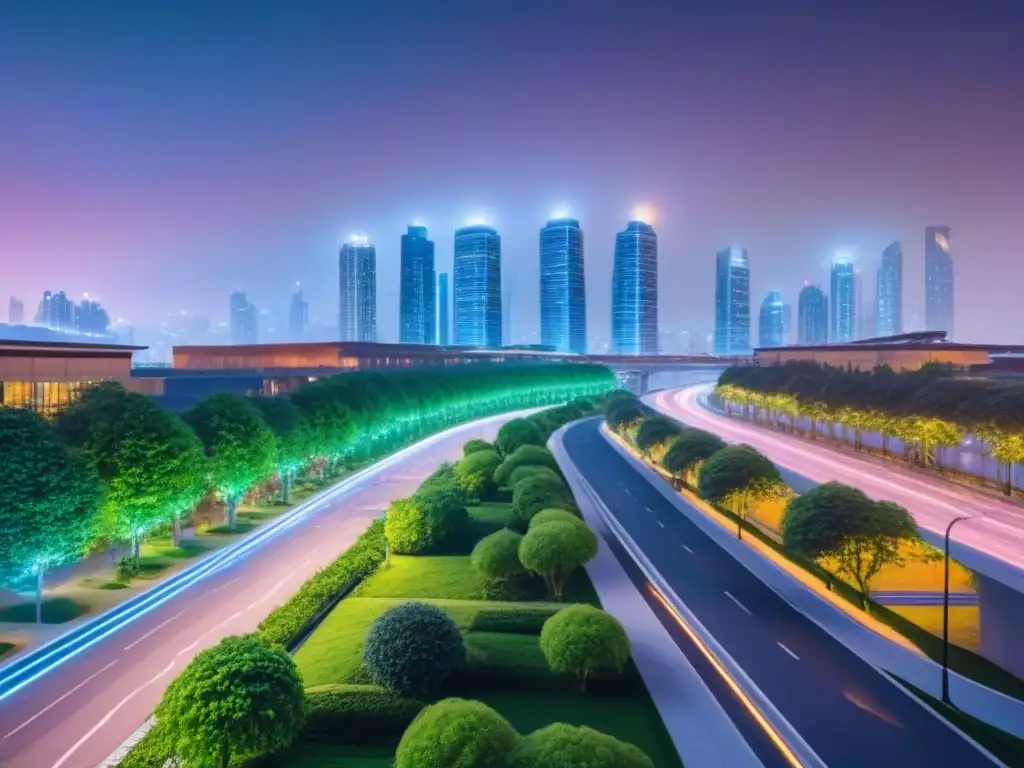 Skyline sostenible: ciudad moderna en armonía con la naturaleza Vibrante ciudad sostenible al anochecer con edificios eficientes, áreas verdes y vehículos eléctricos