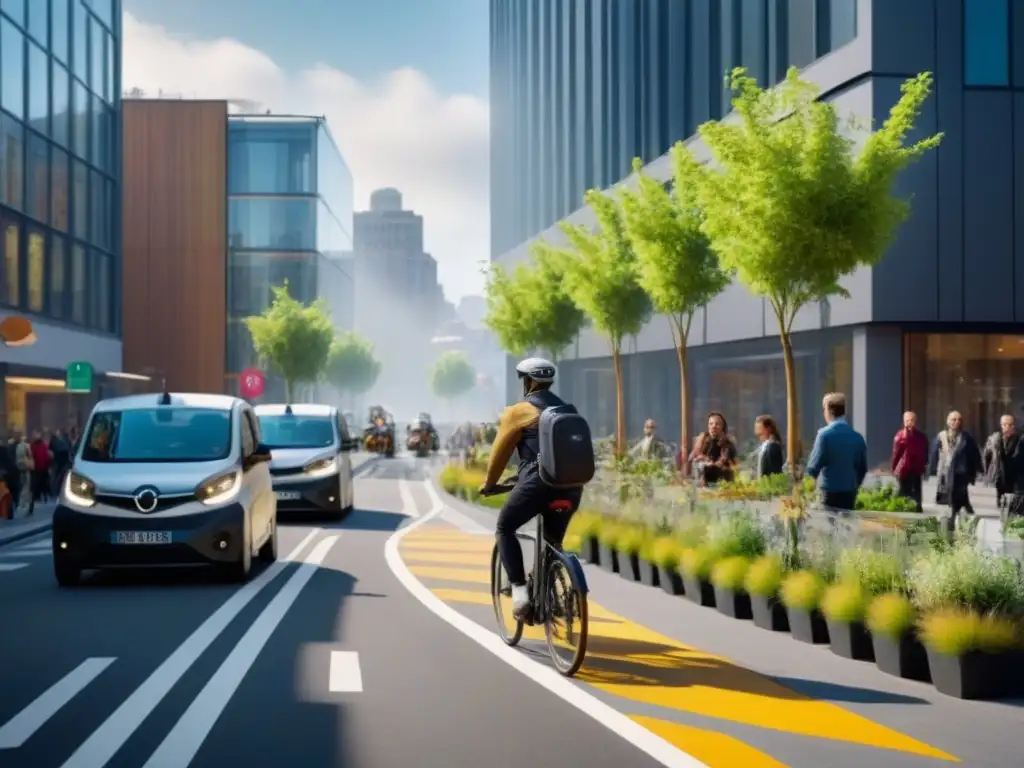 Escena urbana sostenible: ciudad verde y vibrante con movilidad eco Vibrante ciudad sostenible: edificios ecoamigables, jardines en azoteas, murales coloridos, tranvía y diversidad urbana