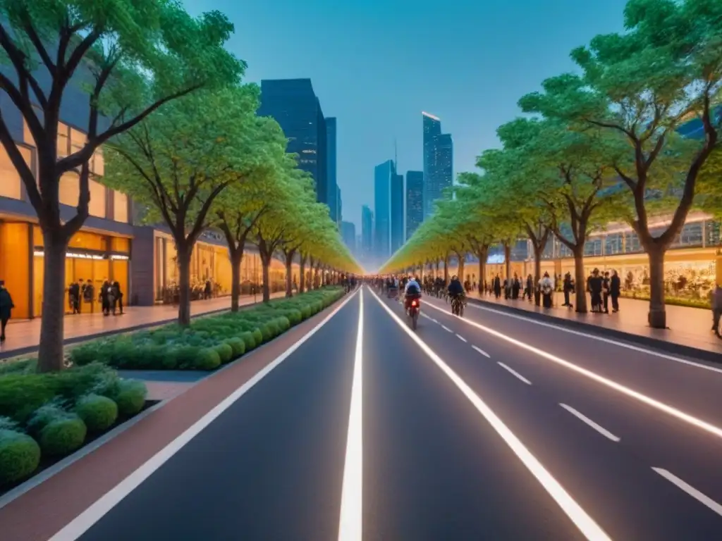 Metrópolis sostenible: innovación y armonía urbana al atardecer Vibrante ciudad sostenible con espacios verdes, ciclovías y transporte público eficiente