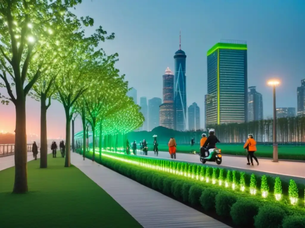 Desarrollo urbano sostenible: ciudad vibrante al anochecer Vibrante ciudad sostenible al anochecer con finanzas verdes y desarrollo urbano sostenible