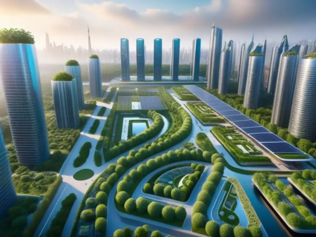 Metrópolis sostenible del futuro: diseño innovador y verde Vibrante ciudad sostenible del futuro con arquitectura innovadora y tecnología verde, tendencias urbanismo diseño sostenible