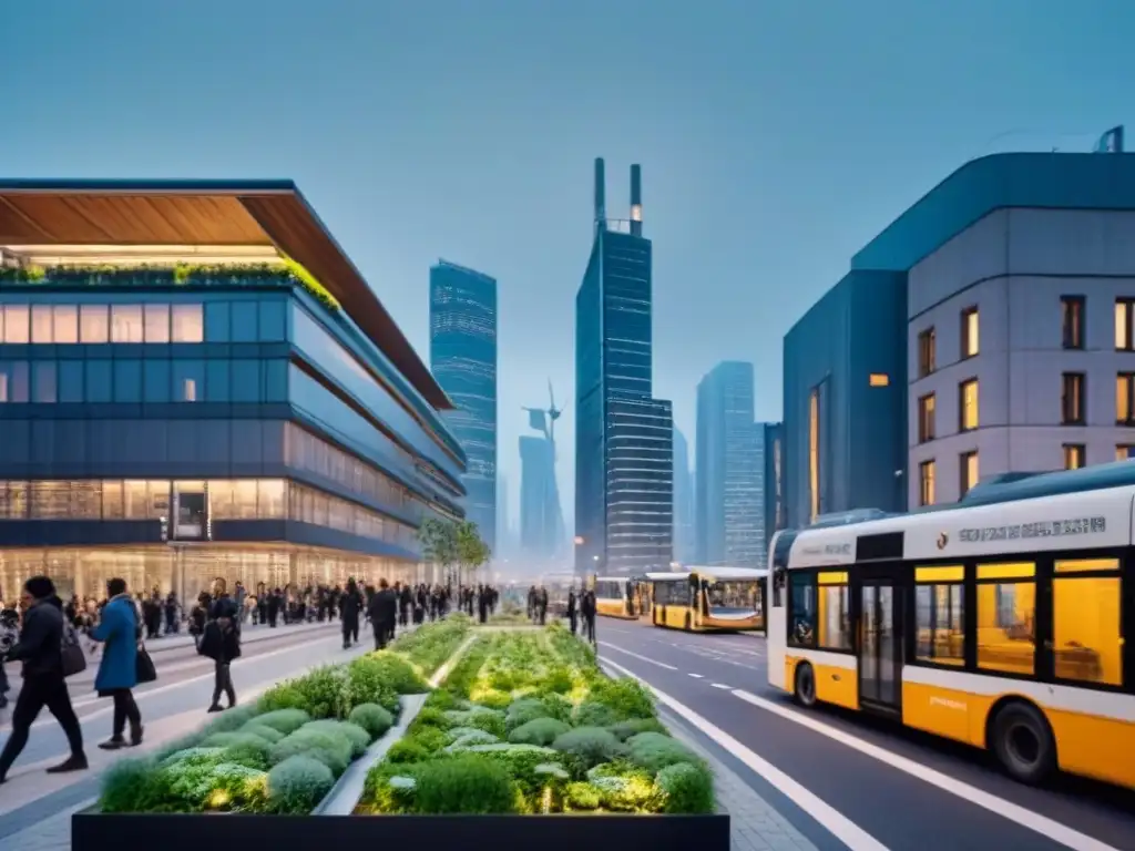 Metrópolis sostenible: arquitectura verde en la ciudad del futuro Vibrante ciudad sostenible al anochecer, con innovadores rascacielos verdes y tecnología eco, reflejando tendencias de desarrollo urbano sostenible
