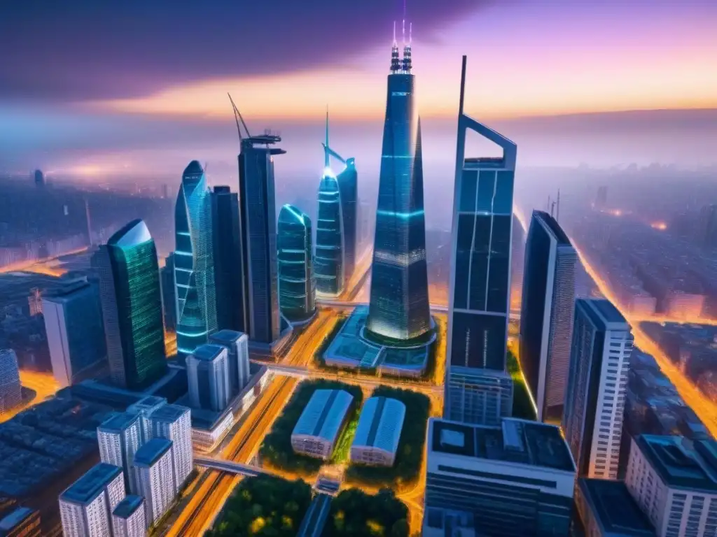Metrópolis nocturna sostenible: futuro urbano innovador en 8k Vibrante ciudad sostenible de noche con rascacielos futuristas, espacios verdes y transporte público eficiente