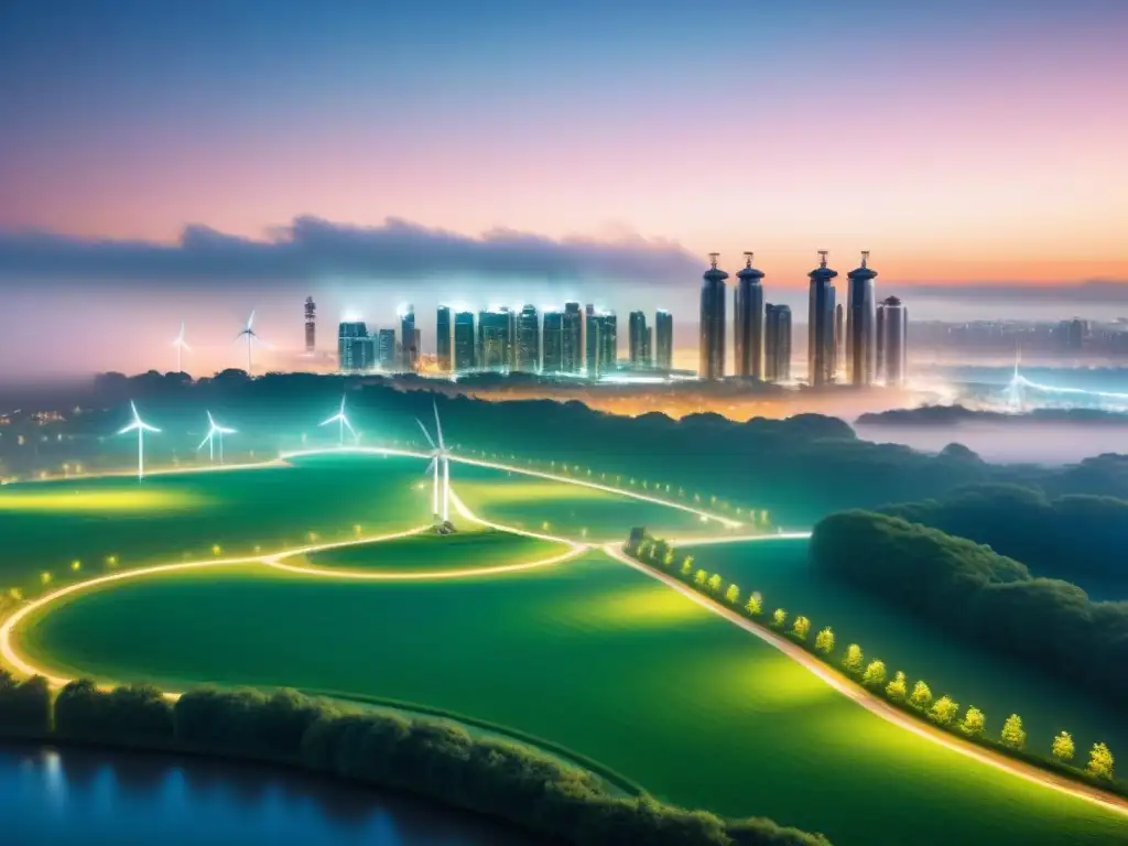 Metrópolis sostenible: skyline moderno y verde al anochecer Vibrante ciudad sostenible con rascacielos iluminados y parque urbano, reflejando la inversión inmobiliaria en ciudades sostenibles