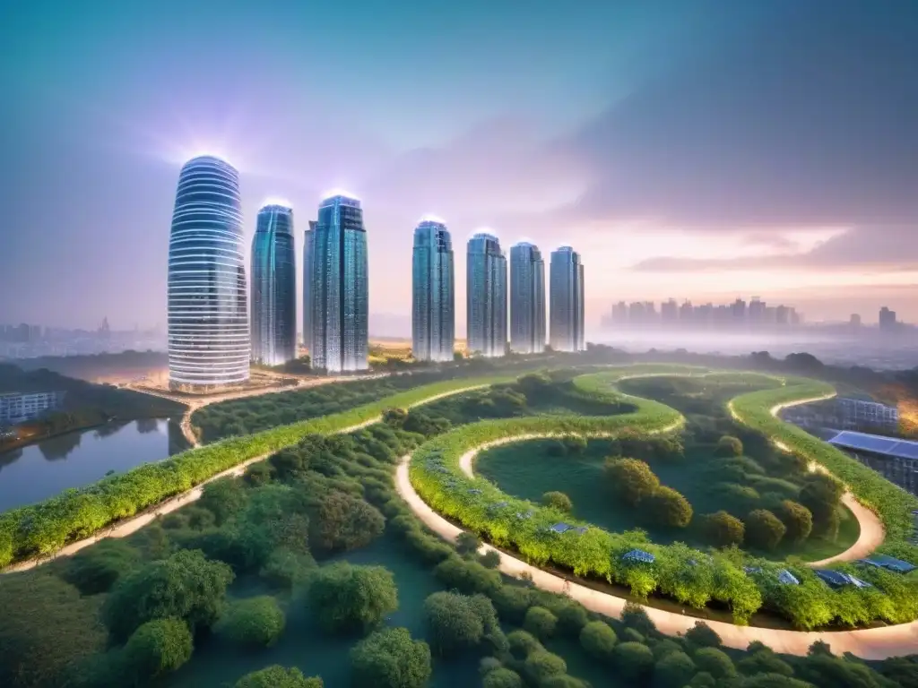 Metrópolis sostenible: luces LED y naturaleza en armonía Vibrante ciudad sostenible al anochecer con rascacielos iluminados y parque urbano verde, reflejando urbanismo sostenible inversión internacional