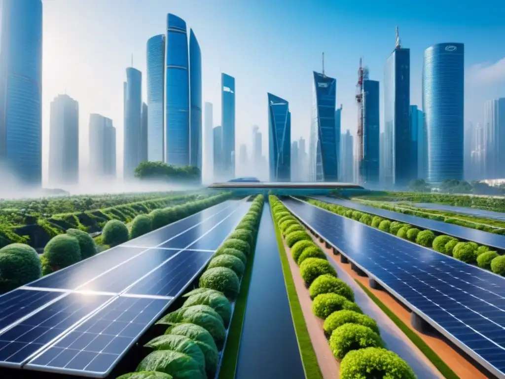 Metrópolis sostenible: armonía entre naturaleza y tecnología Vibrante ciudad sostenible con rascacielos futuristas integrando espacios verdes, vehículos eléctricos y tecnología