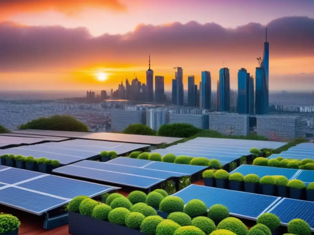 Horizonte sostenible: arquitectura eco en ciudad vibrante Vibrante ciudad sostenible con rascacielos, jardines en azoteas y paneles solares al atardecer