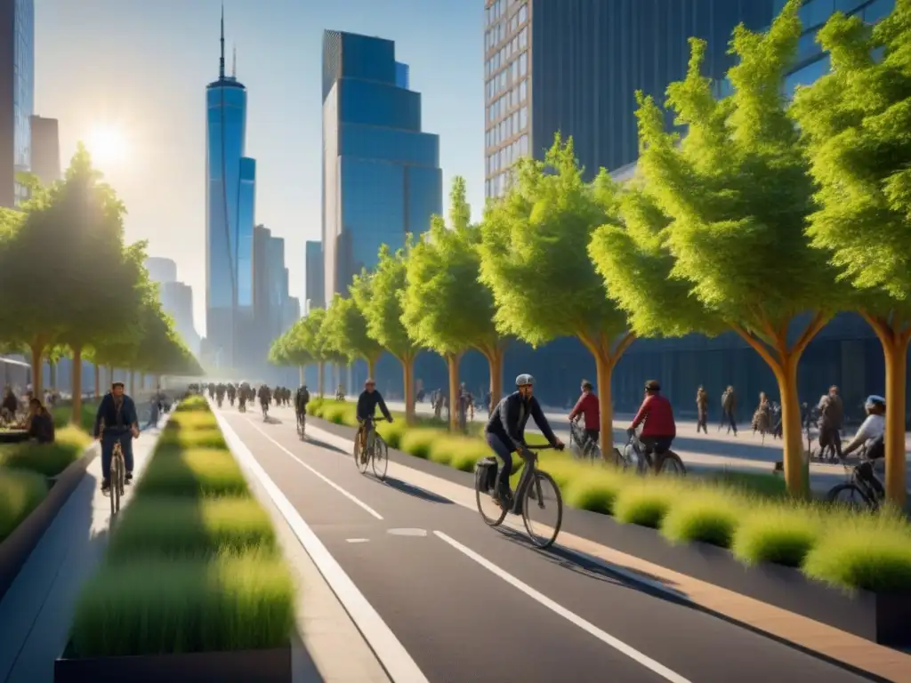 Metrópolis sostenible: arquitectura moderna y naturaleza en armonía Vibrante ciudad sostenible con rascacielos integrados en zonas verdes y energía solar