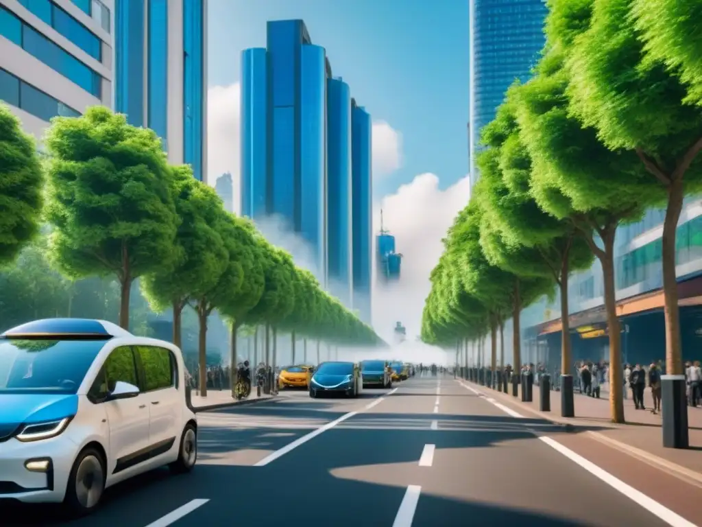 Metrópolis sostenible del futuro: edificios verdes y energía solar Vibrante ciudad sostenible con rascacielos verdes, paneles solares y vehículos eléctricos