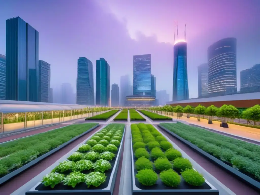 Metrópolis sostenible: luces LED, energía solar y diseño eco Vibrante ciudad sostenible con rascacielos verdes iluminados por luces LED