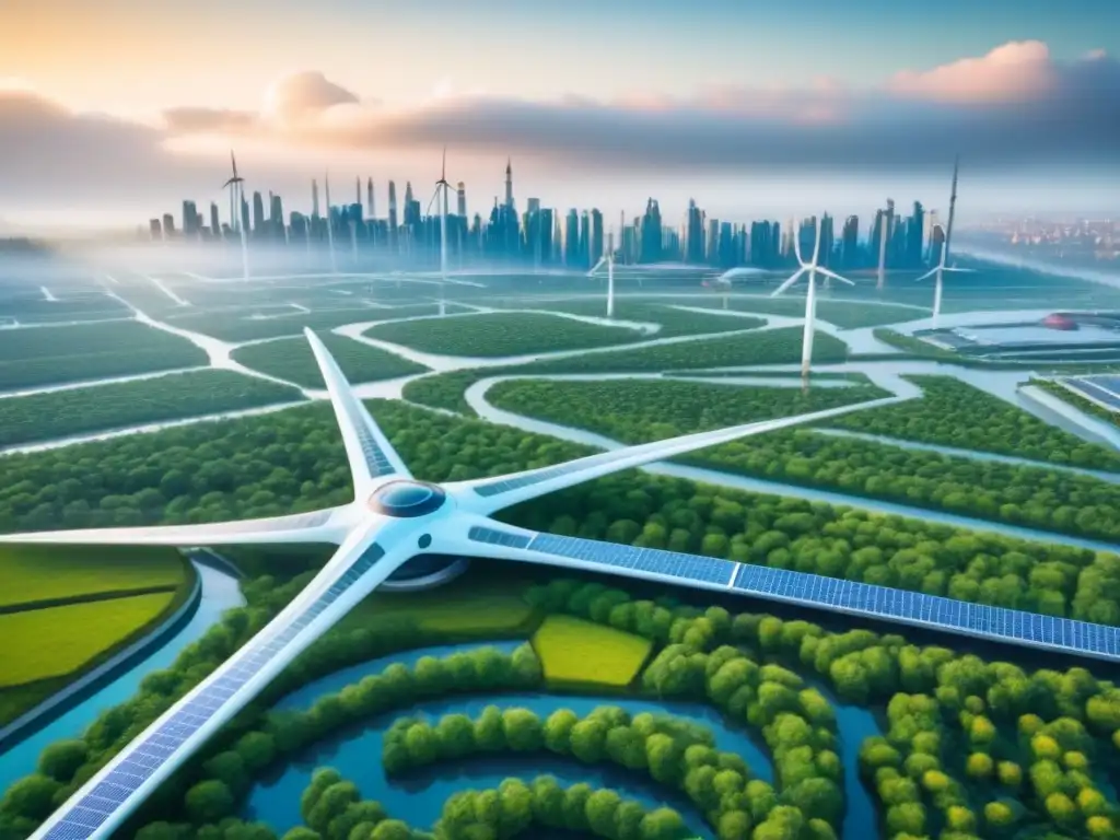 Metrópolis sostenible del futuro: armonía entre naturaleza y tecnología Vibrante ciudad sostenible con tecnología y naturaleza integradas, reflejando tendencias urbanismo diseño sostenible