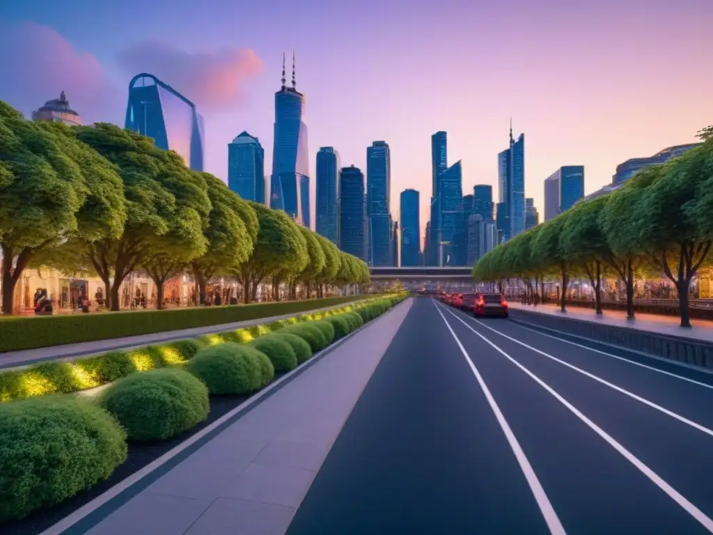 Metrópolis sostenible: arquitectura futurista y vida urbana en armonía Vibrante ciudad sostenible con urbanismo moderno y espacios verdes, iluminada y activa