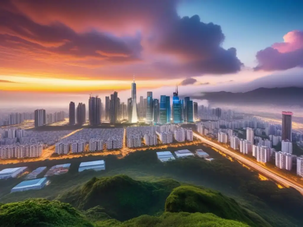 Horizonte futurista: ciudad vibrante en Sudeste Asiático Vibrante ciudad del Sudeste Asiático con rascacielos modernos y luces de neón, simbolizando la oportunidad en inversión inmobiliaria Sudeste Asiático