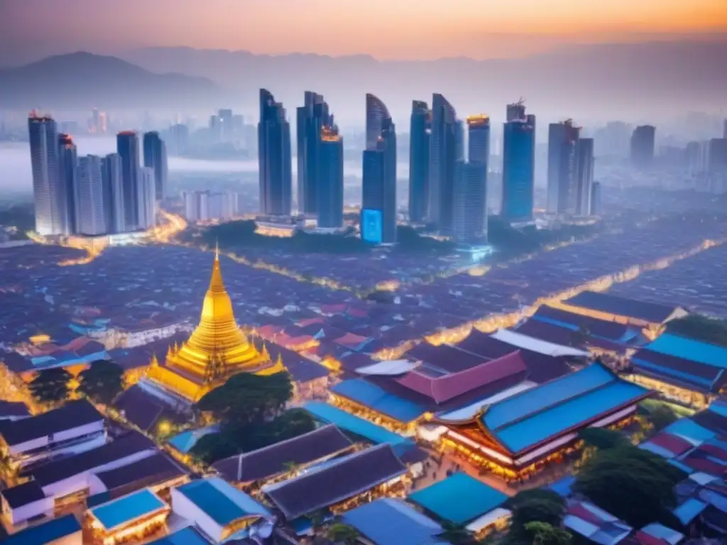 Horizonte urbano de Asia: fusión de tradición y modernidad Vibrante ciudad del sudeste asiático fusionando lo antiguo y lo moderno, ideal para inversión inmobiliaria internacional en Airbnb