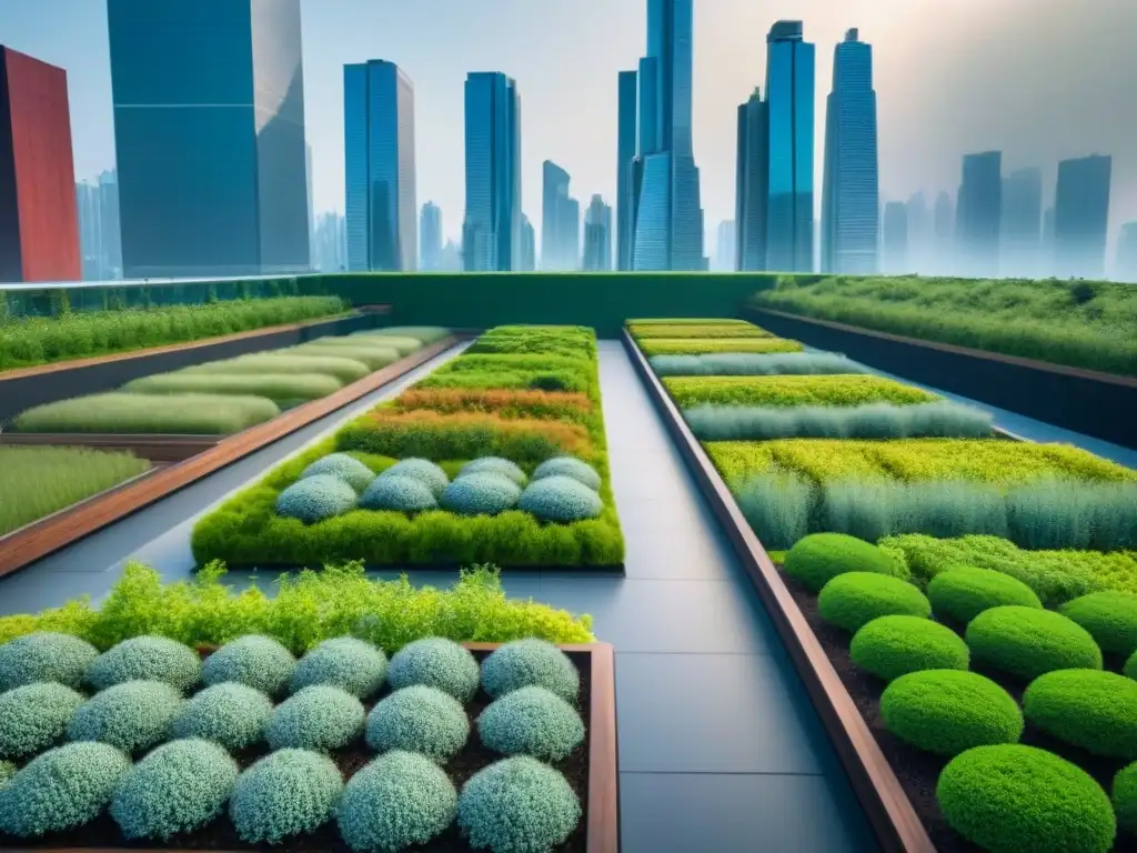 Metrópolis futurista con techos verdes: armonía urbana y sostenibilidad Vibrante ciudad con techos verdes beneficios urbanos