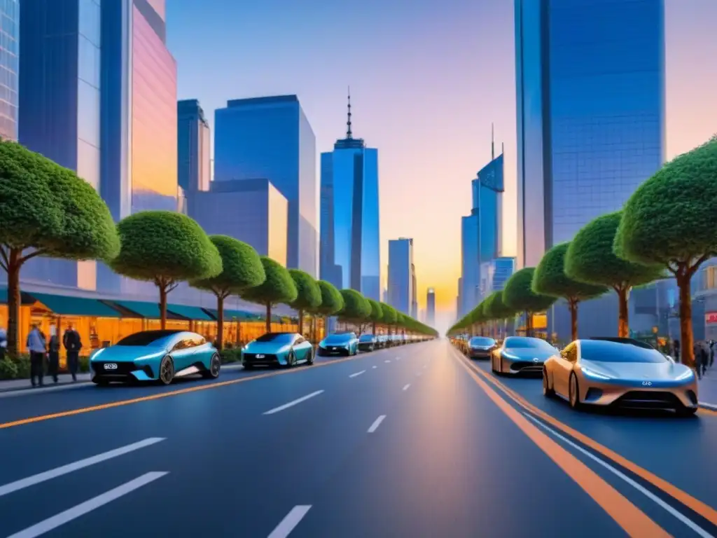 Eco-ciudad futurista con paneles solares y jardines urbanos Vibrante ciudad con tecnología verde en desarrollo urbano: rascacielos, autos eléctricos y personas en calles arboladas al atardecer