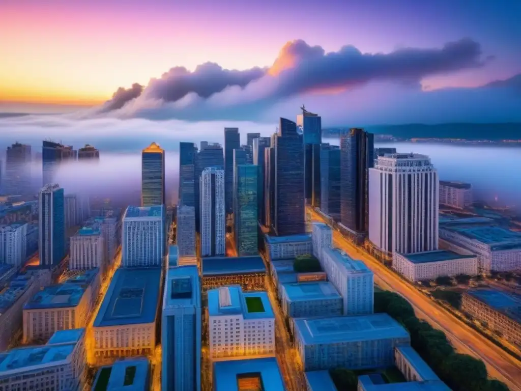 Centro urbano vibrante al anochecer Vibrante ciudad urbana al atardecer, con rascacielos iluminados y calles llenas de vida