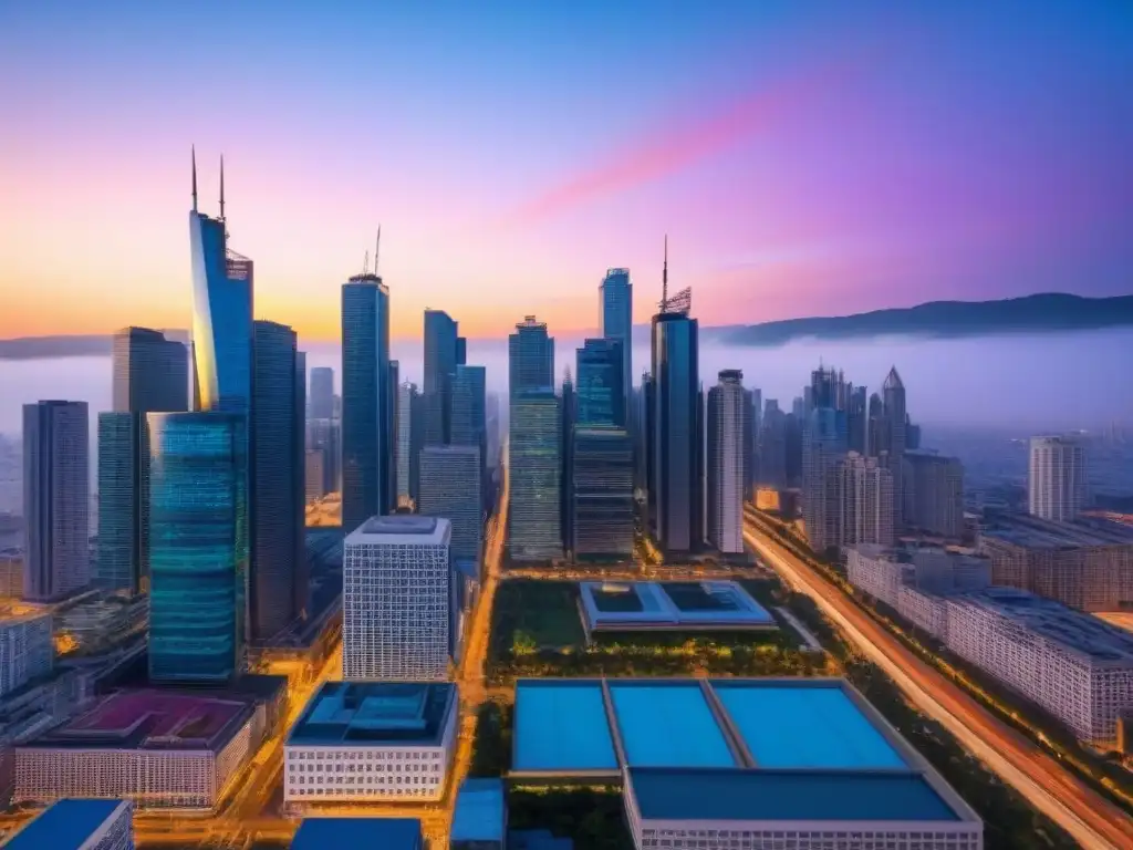 Horizonte urbano vibrante al anochecer: éxito en inversión inmobiliaria con tecnología IoT Vibrante ciudad urbana al anochecer, con rascacielos iluminados y profesionales en movimiento