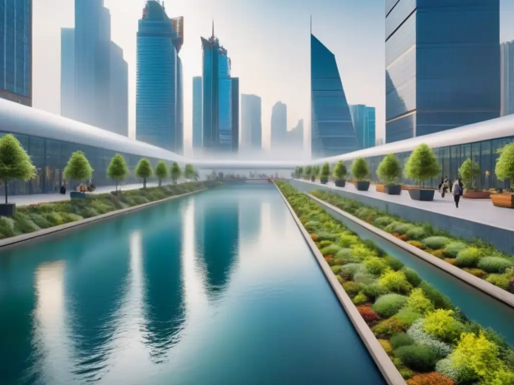 Metrópolis verde: arquitectura futurista en armonía con la naturaleza Vibrante ciudad urbana con rascacielos verdes y jardines en azoteas