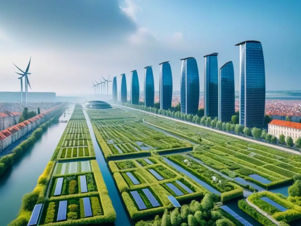 Metrópolis verde del futuro en Europa del Este: edificios eco-amigables, energía renovable y movilidad sostenible Vibrante ciudad verde futurista en Europa del Este con desarrollos ecológicos