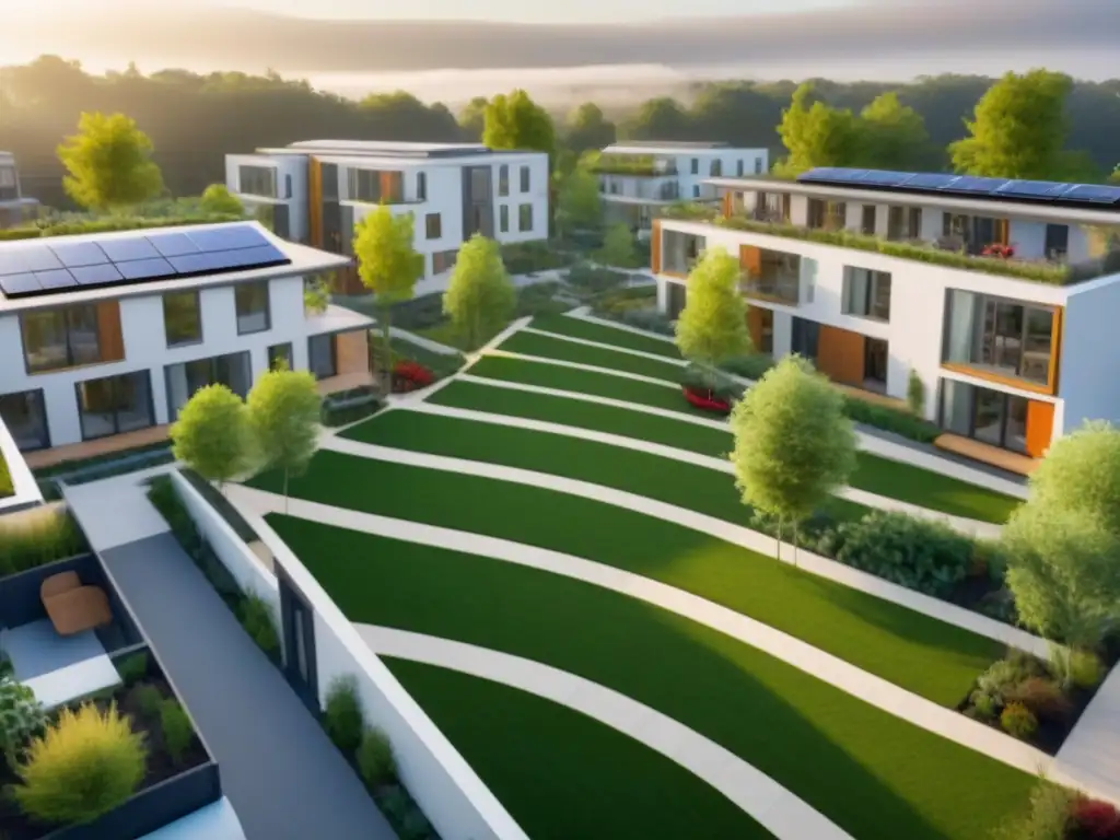 Cohousing sostenible: vida comunitaria y moderna Un vibrante cohousing con actividades comunitarias y arquitectura sostenible