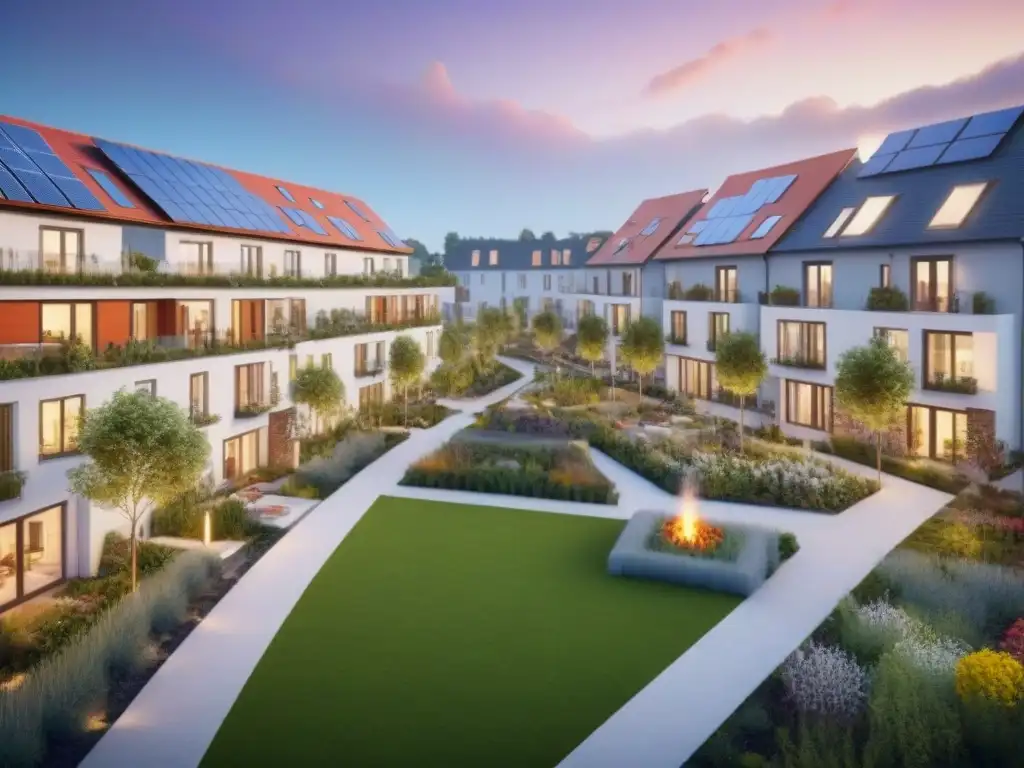 Cohousing sostenible: comunidad vibrante al atardecer Un vibrante cohousing con comunidades sostenibles, donde la inversión inmobiliaria florece al atardecer