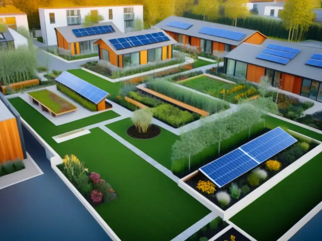 Complejo de cohousing moderno y sostenible con jardín comunitario vibrante Vibrante cohousing con jardín comunitario, residentes y diseño sostenible, tendencias cohousing mercado inmobiliario