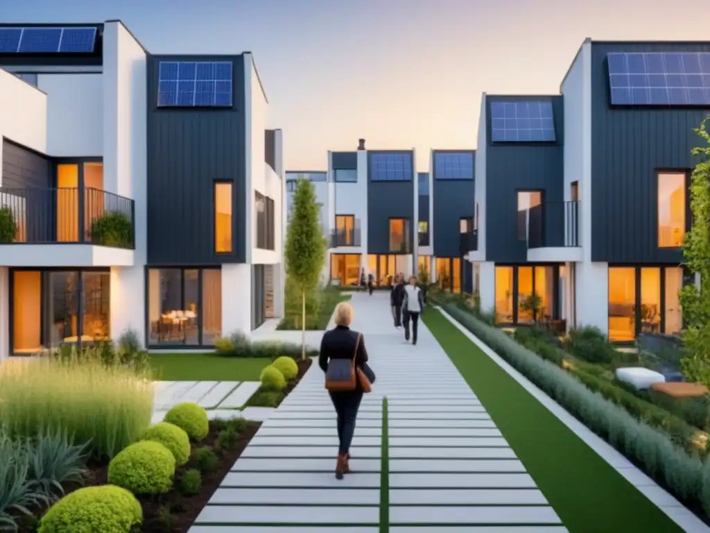 Comunidad eco-sostenible: convivencia moderna y diversa Un vibrante cohousing moderno con residentes diversos disfrutando de espacios comunes y elementos sostenibles