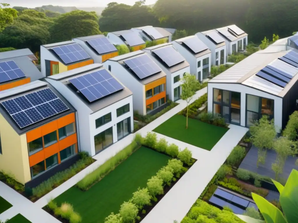 Comunidad ecológica: convivencia sostenible y diversa Un vibrante cohousing sostenible entre vegetación, arquitectura moderna y residentes compartiendo actividades