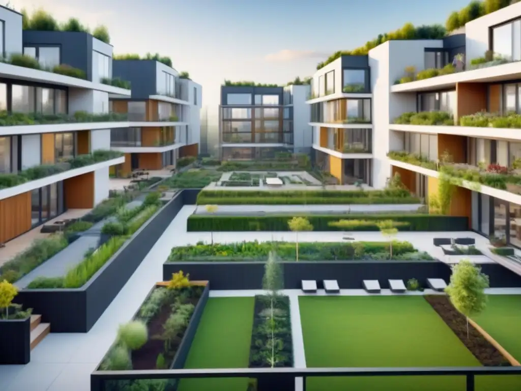 Complejo de cohousing futurista: espacios comunales innovadores en 8k Vibrante cohousing con tendencias globales para inversores: comunidad, sostenibilidad y modernidad en un complejo innovador y colaborativo
