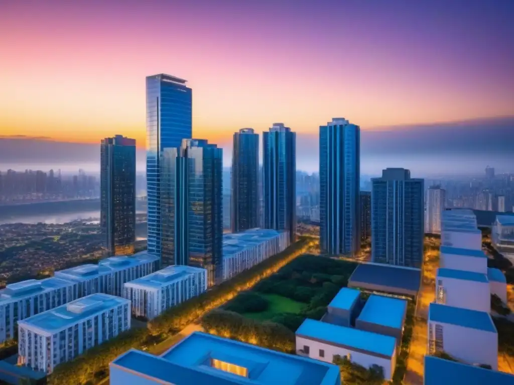 Edificio de apartamentos de alta gama en la ciudad al atardecer Vibrante complejo de apartamentos de alto nivel con arquitectura contemporánea, iluminado en la ciudad al anochecer