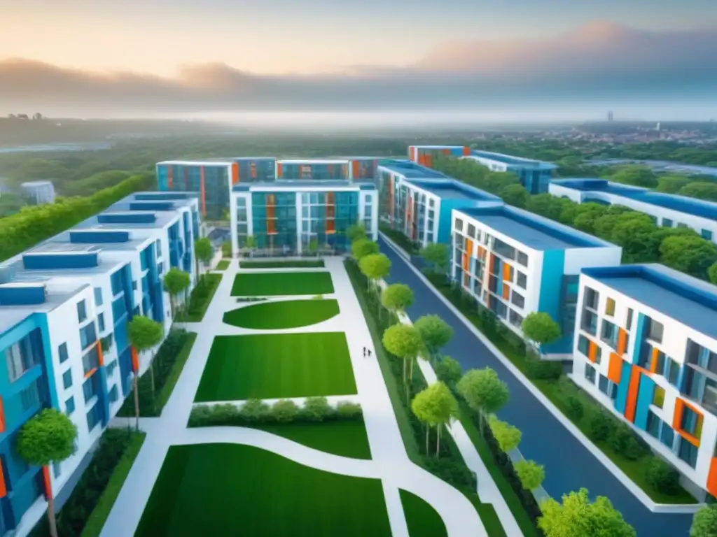 Desarrollo inmobiliario integrado: modernidad y vida urbana Un vibrante complejo inmobiliario integrado, fusionando arquitectura moderna, espacios verdes y una plaza central llena de vida