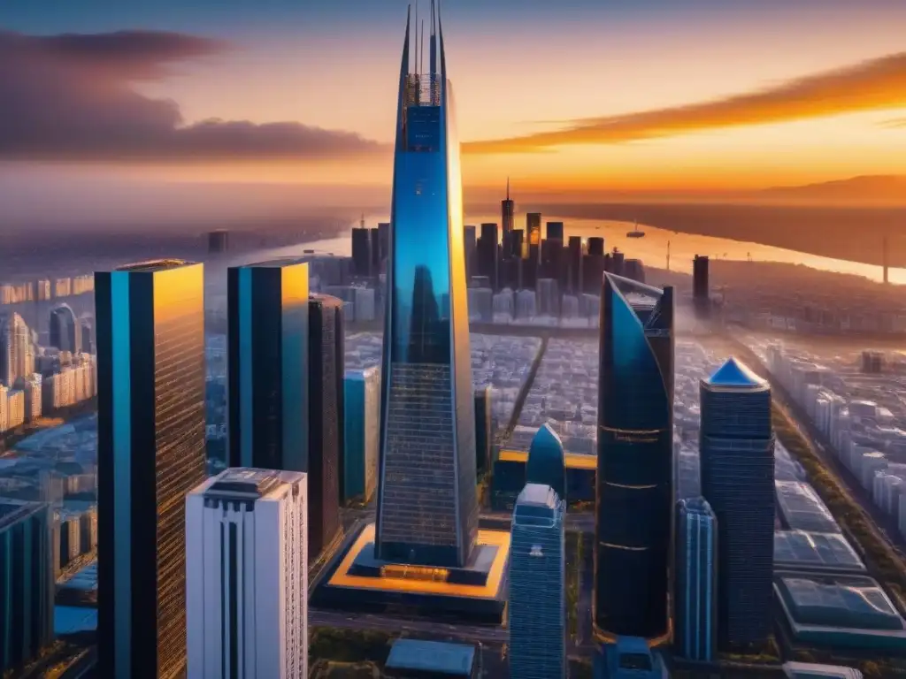 Complejo futurista: arquitectura vanguardista en la ciudad Vibrante complejo de rascacielos modernos con reflejos de cristal, ciudad bulliciosa al fondo, en la cálida luz del atardecer