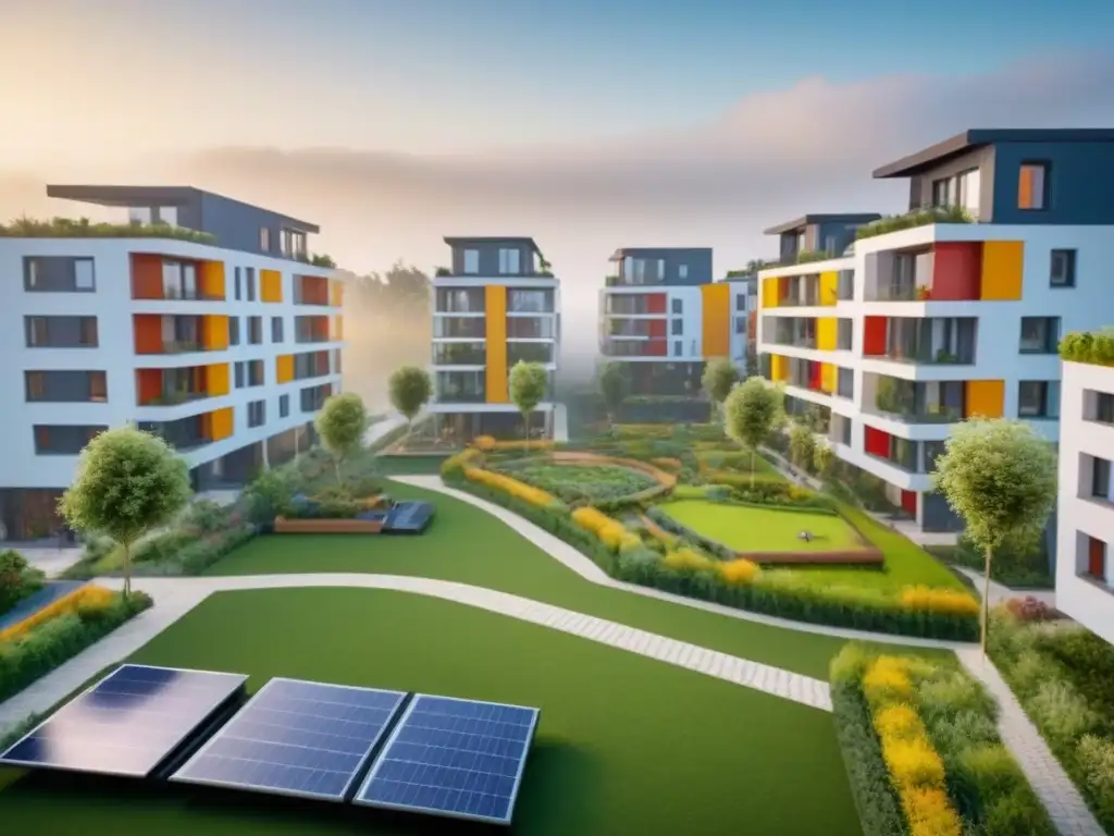 Vecindario inclusivo y sostenible: armonía urbana Un vibrante complejo residencial con familias diversas disfrutando de un jardín comunitario, niños jugando y adultos conversando amigablemente
