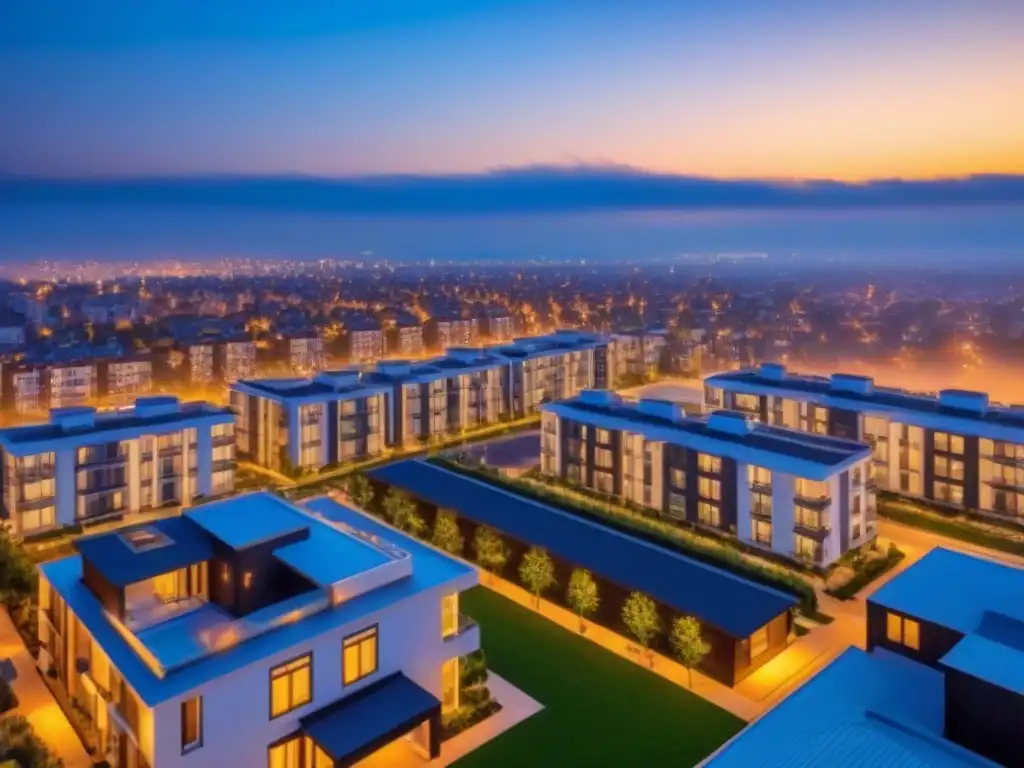 Complejo residencial moderno al anochecer: comunidad vibrante Vibrante complejo residencial multifamiliar al anochecer con luces de la ciudad, reflejando estrategias marketing propiedades multifamiliares