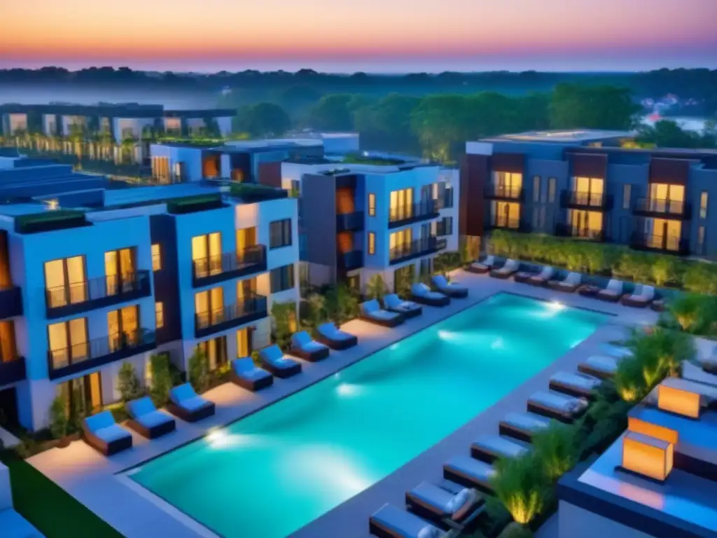 Complejo residencial de lujo: diseño moderno y vibrante comunidad Vibrante complejo residencial multifamiliar al atardecer, con diseño moderno y lujosos amenities