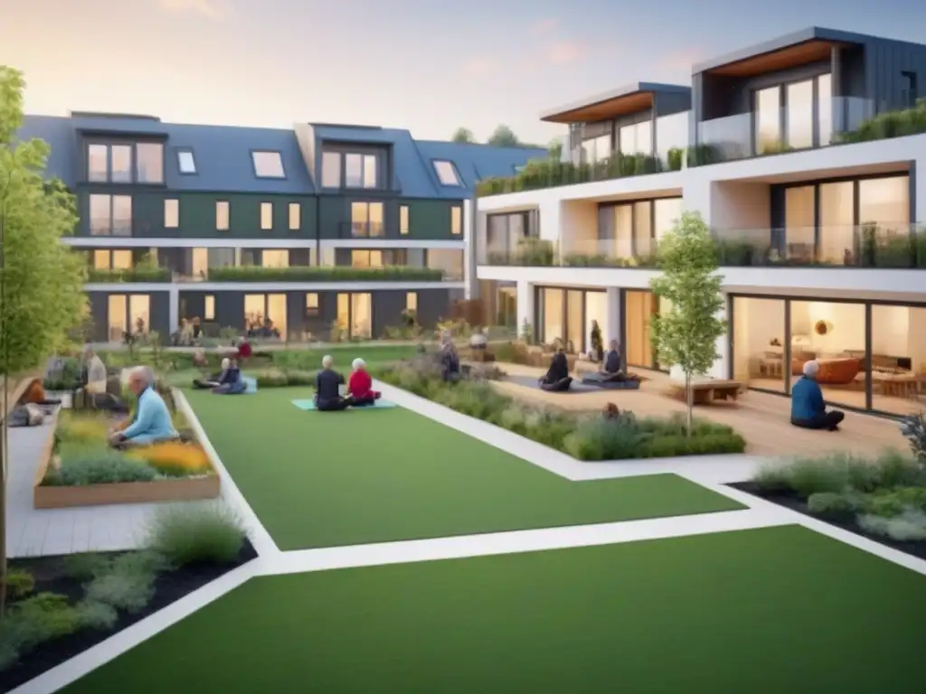 Cohousing sostenible: comunidad urbana vibrante y diversa Una vibrante comunidad de cohousing con arquitectura sostenible, espacios verdes y actividades sociales, reflejando la tendencia en inmobiliario