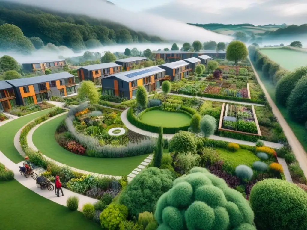 Comunidad de cohousing sostenible en paisaje verde: vida colaborativa Vibrante comunidad cohousing en entorno verde, reflejando la tendencia cohousing mercado inmobiliario