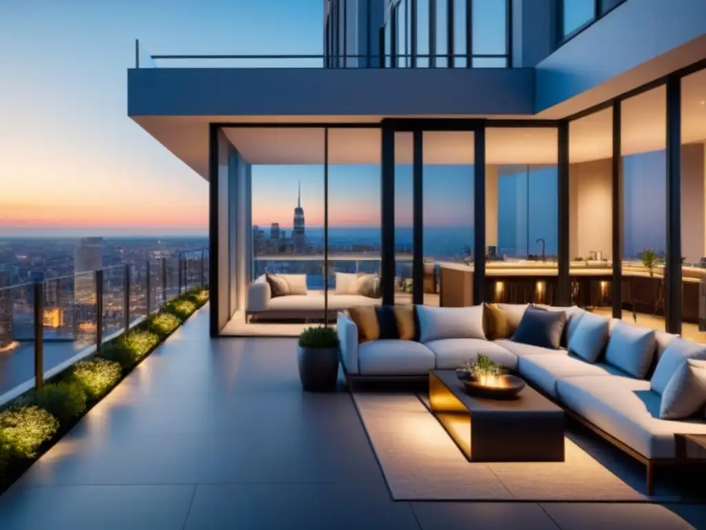 Edificio moderno con terraza y comunidad vibrante al atardecer Vibrante comunidad de millennials en moderno edificio con terraza en la ciudad al anochecer