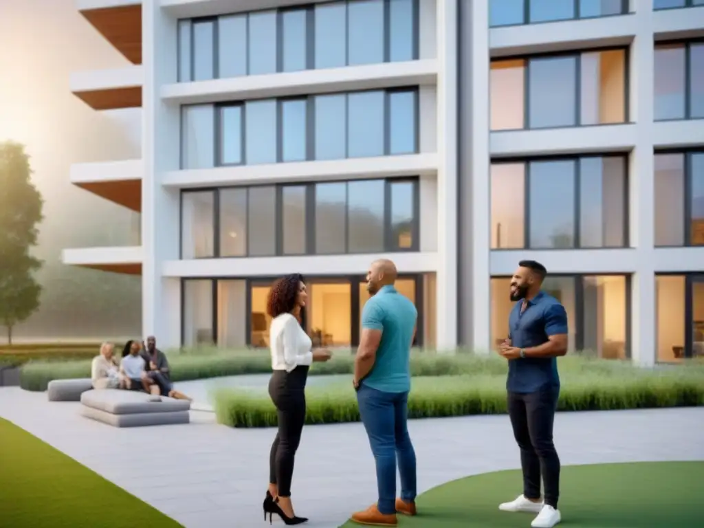 Comunidad multicultural frente a moderna arquitectura residencial Una vibrante comunidad multicultural frente a una moderna residencia, reflejando tendencias vivienda mercado inmobiliario internacional
