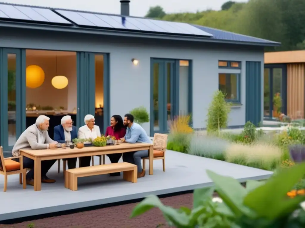 Cohousing sostenible: comunidad diversa compartiendo mesa al aire libre Vibrante comunidad en cohousing como solución a la crisis de vivienda, con diversidad y sostenibilidad en armonía