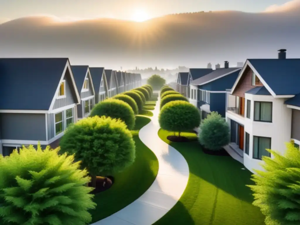 Barrios modernos: vida comunitaria en armonía Una vibrante comunidad suburbana con impacto de políticas de vivienda, hogares modernos y elección de hogar en armonía con la naturaleza