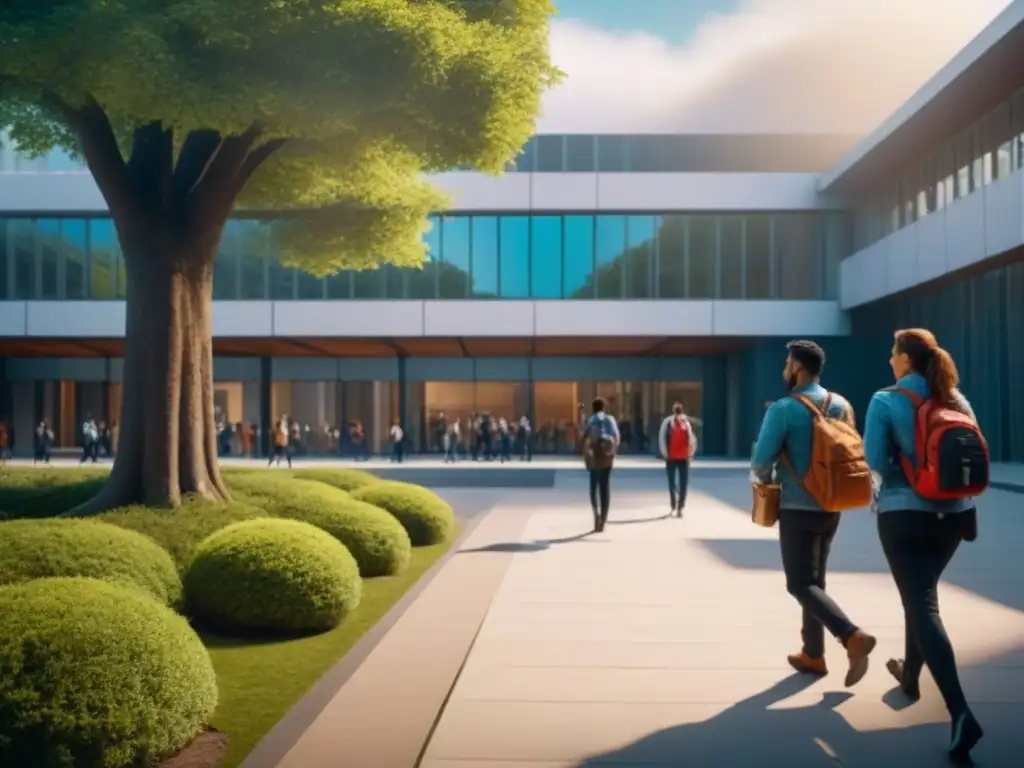 Campus universitario: energía y diversidad en 8k Vibrante comunidad universitaria en un día soleado, con arquitectura moderna y naturaleza