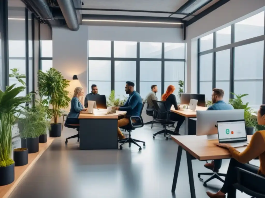 Oficina coworking moderna y colaborativa: profesionales diversos trabajando juntos en un ambiente vibrante y productivo Un vibrante coworking internacional sin errores de espacios invertidos
