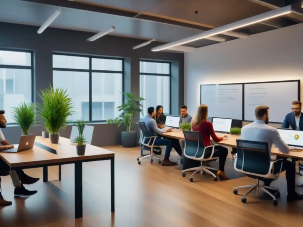 Espacio de coworking dinámico y colaborativo con profesionales diversos trabajando juntos en un ambiente moderno y vibrante Un vibrante coworking lleno de profesionales diversos colaborando, brainstorming y trabajando juntos en un ambiente moderno
