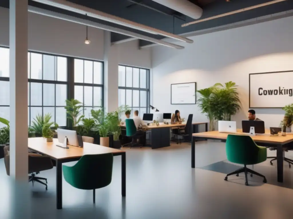 Espacio coworking moderno y dinámico: profesionales colaborando en un ambiente productivo y creativo Un vibrante coworking lleno de profesionales colaborando en un entorno moderno y luminoso