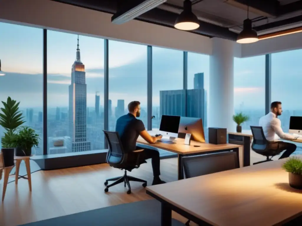 Espacio de coworking moderno: innovación y colaboración en la ciudad Un vibrante coworking moderno con profesionales colaborando, iluminado por luz natural y con vista a la ciudad
