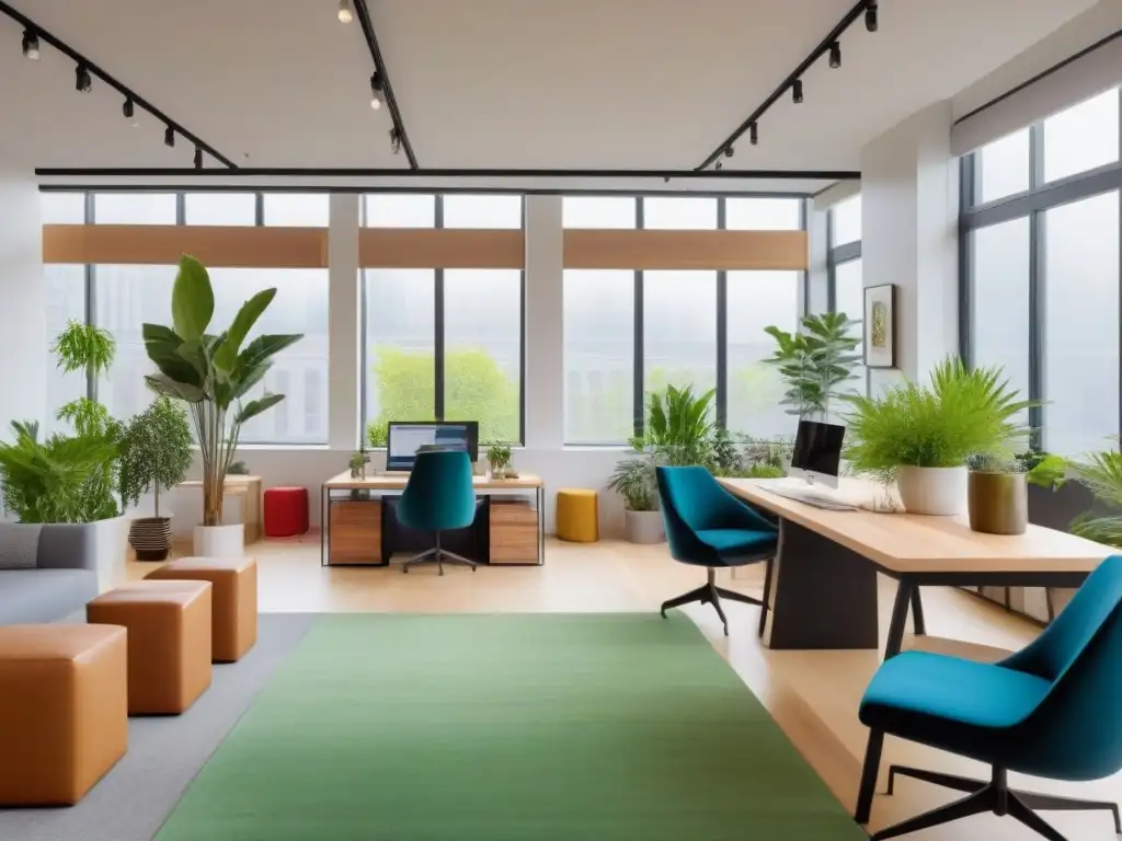 Espacio de coworking dinámico y colaborativo con profesionales diversos en modernas estaciones de trabajo Un vibrante coworking donde profesionales colaboran en un ambiente moderno y productivo