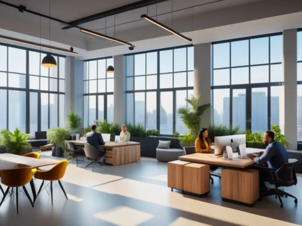 Oficina Coworking Internacional: Espacio Inspirador y Moderno Un vibrante coworking urbano con profesionales colaborando, muebles modernos y plantas